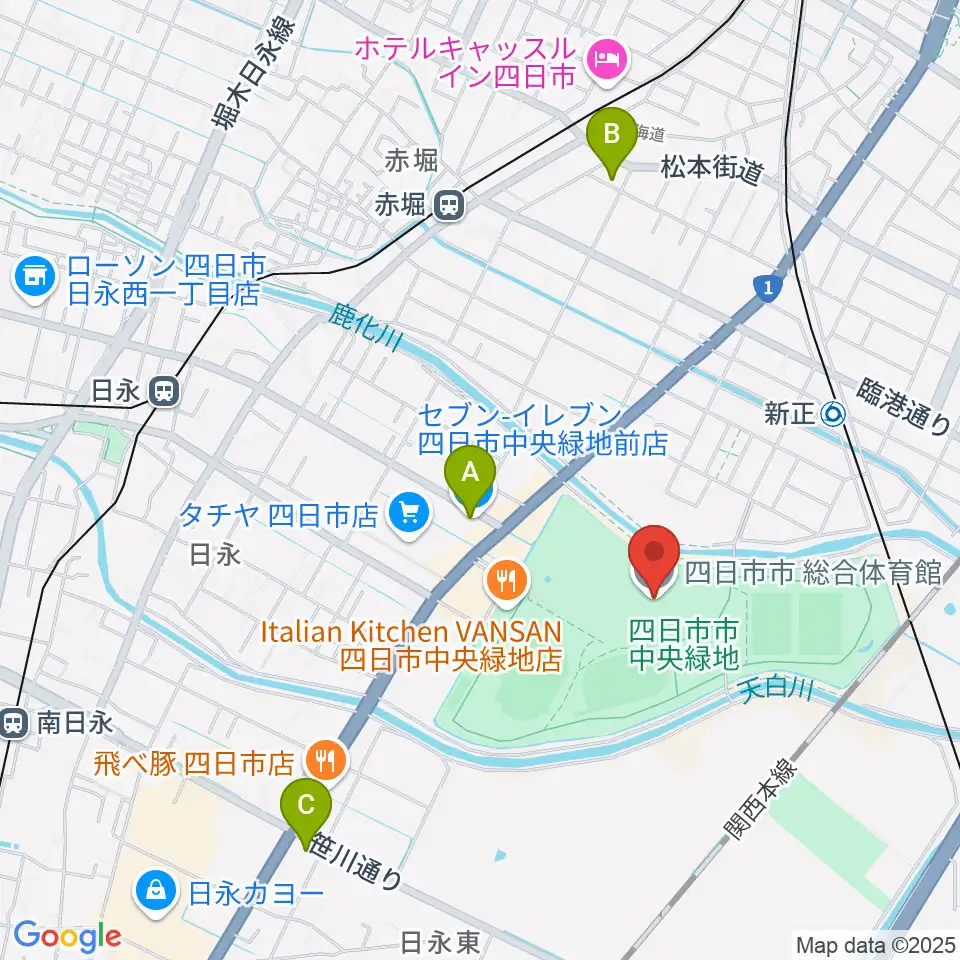 四日市市総合体育館周辺のコンビニエンスストア一覧地図