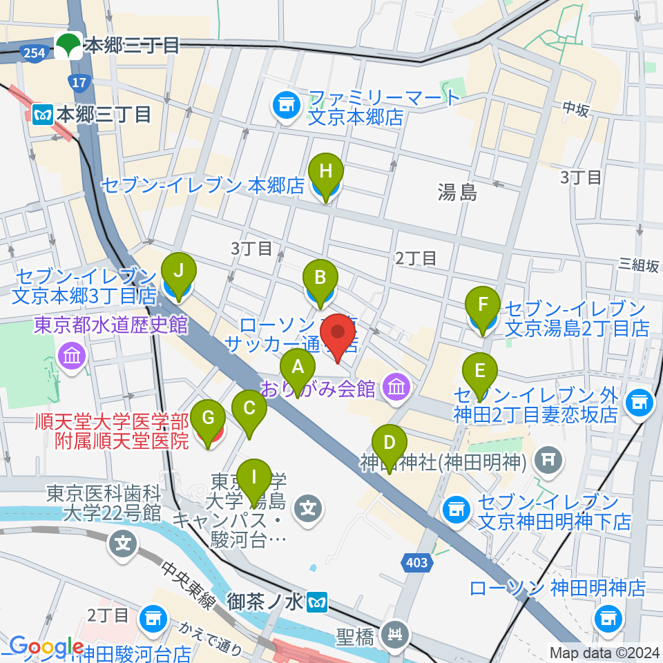 サウンドナイン御茶ノ水店周辺のコンビニエンスストア一覧地図