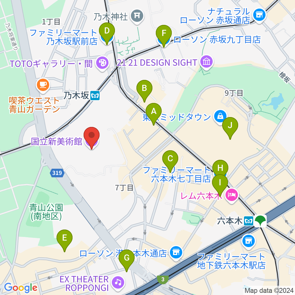 国立新美術館周辺のコンビニエンスストア一覧地図