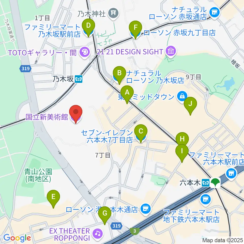 国立新美術館周辺のコンビニエンスストア一覧地図