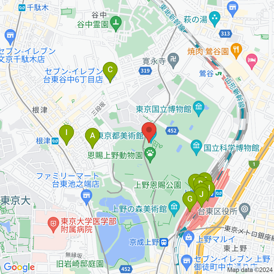 東京都美術館周辺のコンビニエンスストア一覧地図