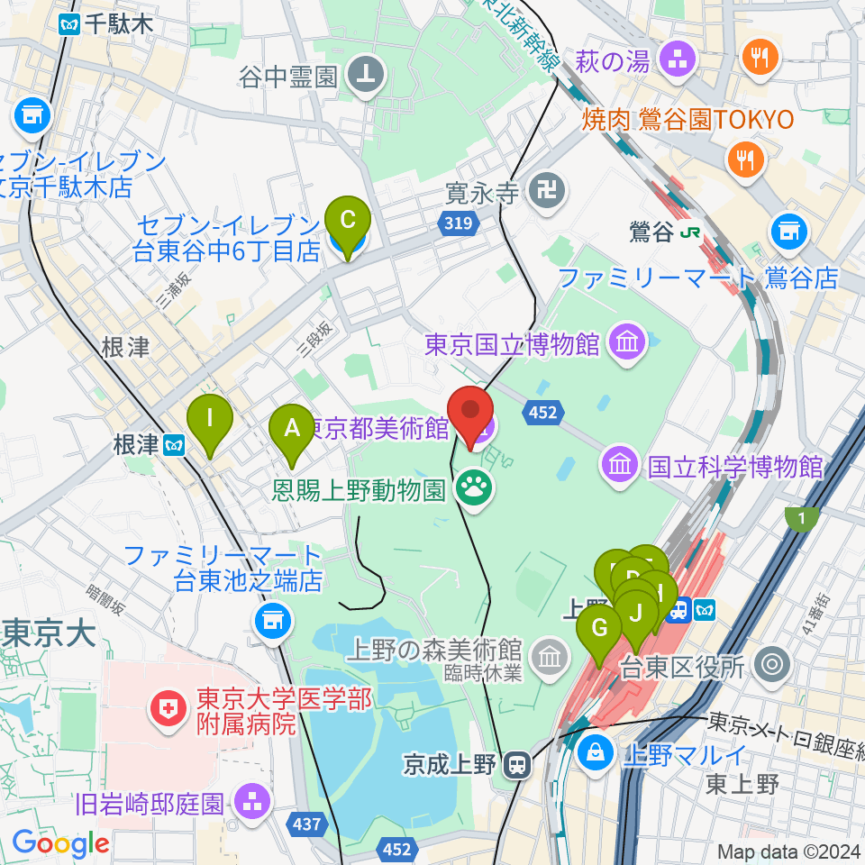 東京都美術館周辺のコンビニエンスストア一覧地図