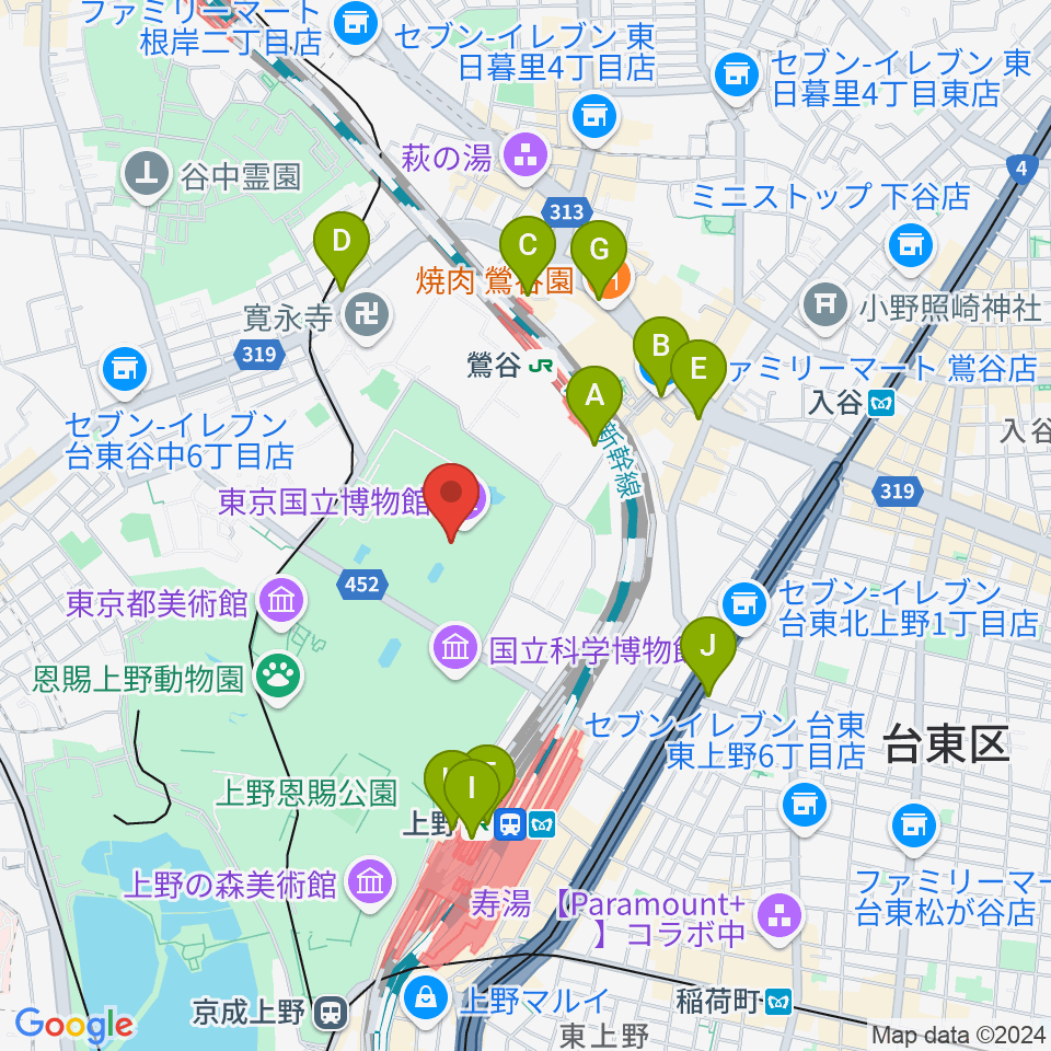 東京国立博物館・本館周辺のコンビニエンスストア一覧地図