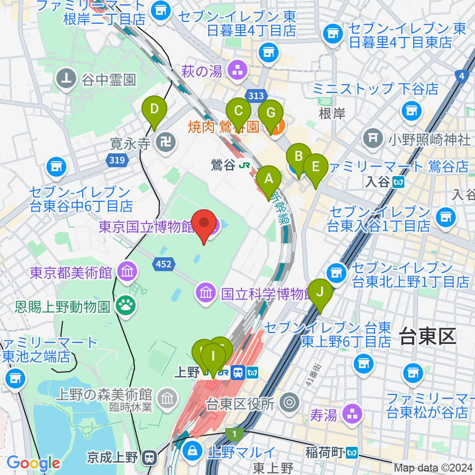 東京国立博物館・本館周辺のコンビニエンスストア一覧地図