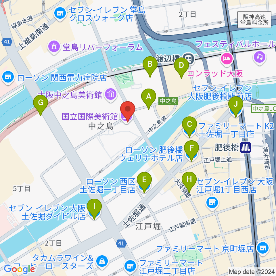 国立国際美術館周辺のコンビニエンスストア一覧地図