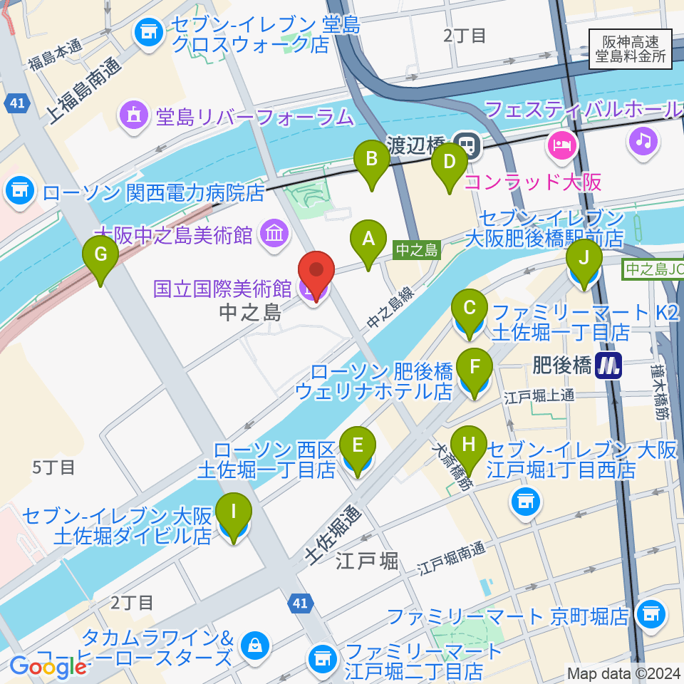 国立国際美術館周辺のコンビニエンスストア一覧地図