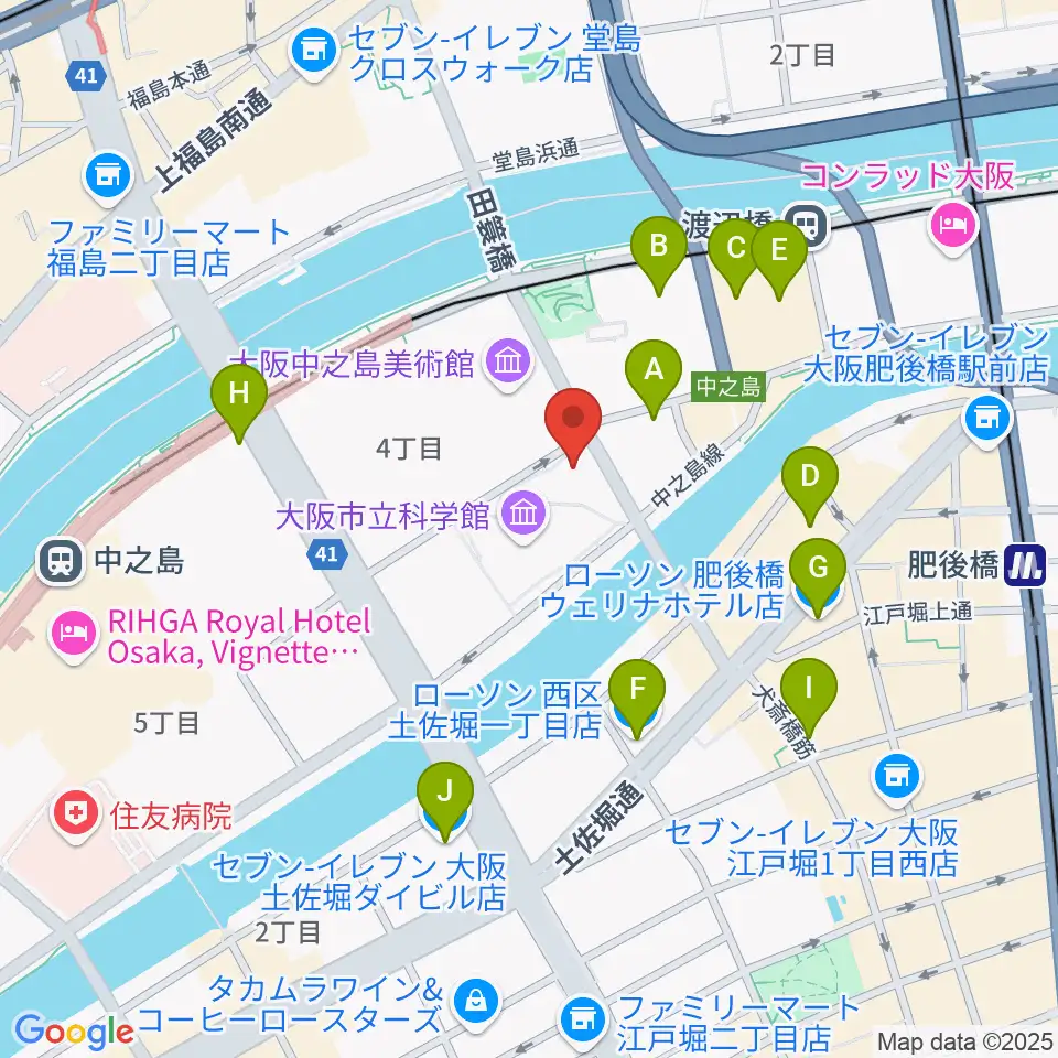 国立国際美術館周辺のコンビニエンスストア一覧地図
