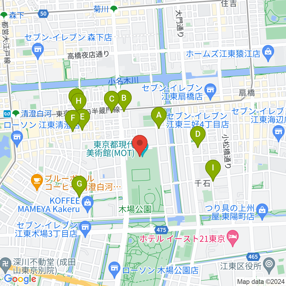 東京都現代美術館（MOT）周辺のコンビニエンスストア一覧地図