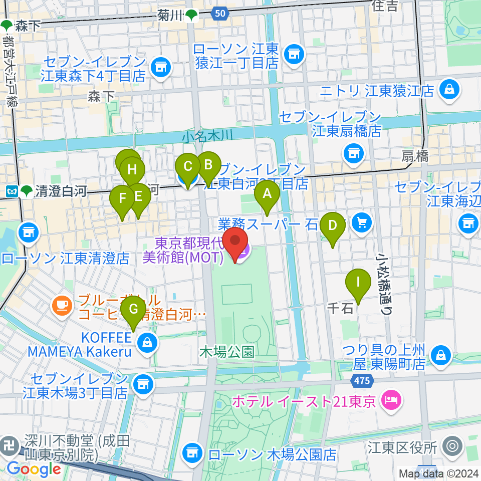 東京都現代美術館（MOT）周辺のコンビニエンスストア一覧地図