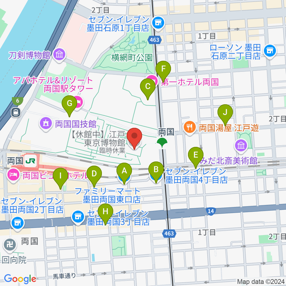 江戸東京博物館周辺のコンビニエンスストア一覧地図