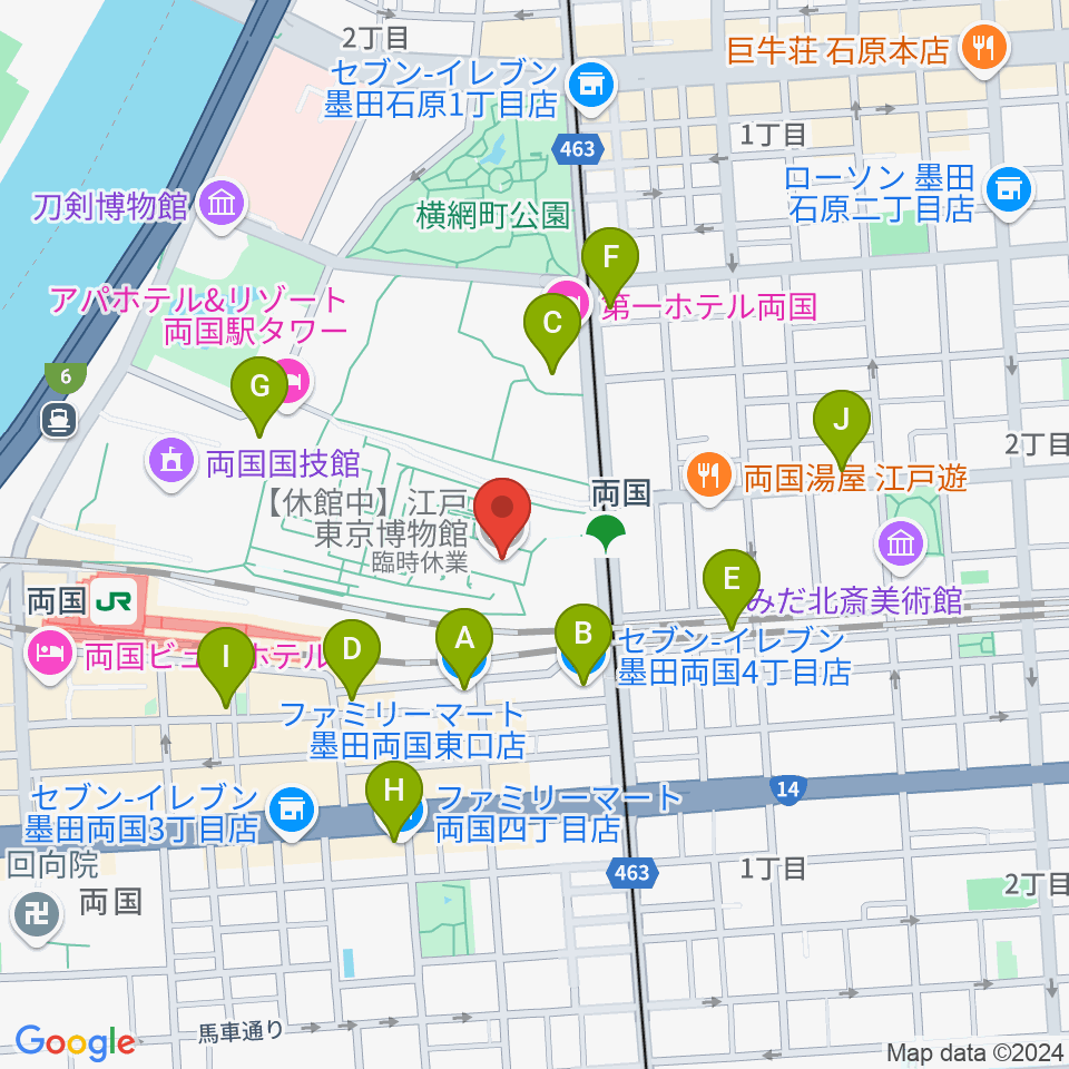 江戸東京博物館周辺のコンビニエンスストア一覧地図