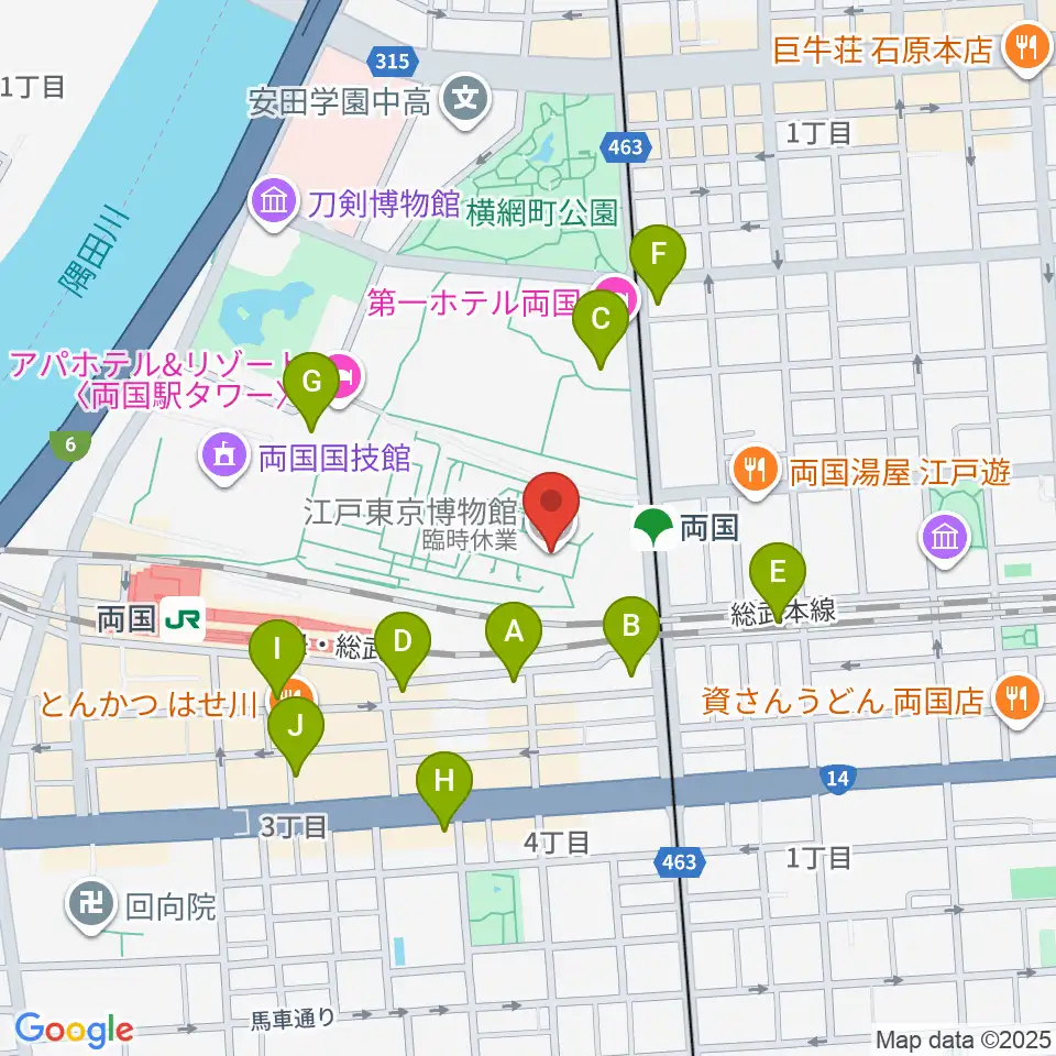 江戸東京博物館周辺のコンビニエンスストア一覧地図