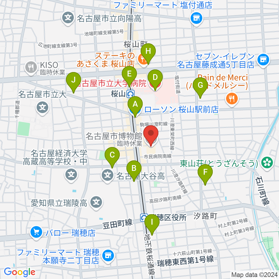 名古屋市博物館周辺のコンビニエンスストア一覧地図