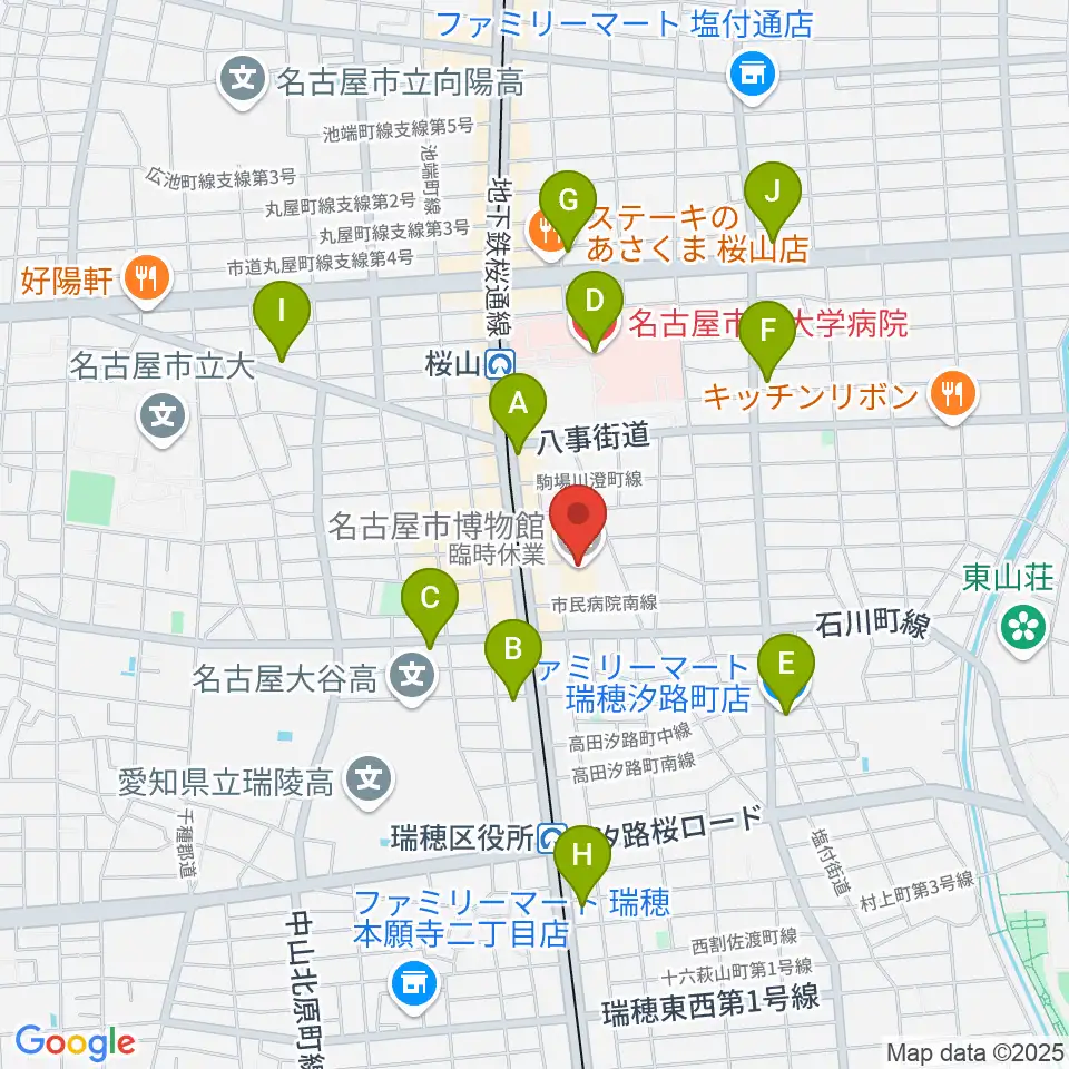 名古屋市博物館周辺のコンビニエンスストア一覧地図
