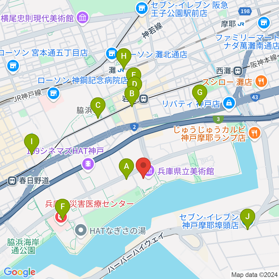 兵庫県立美術館周辺のコンビニエンスストア一覧地図