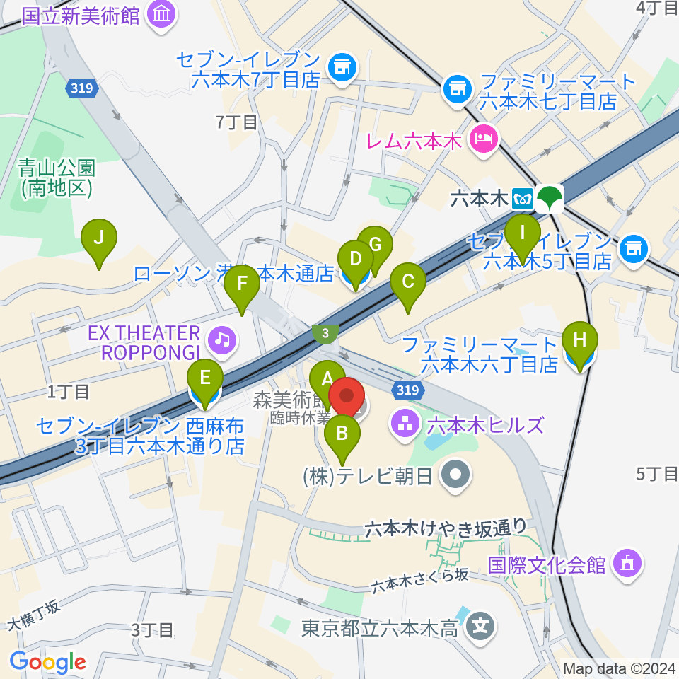 森美術館周辺のコンビニエンスストア一覧地図