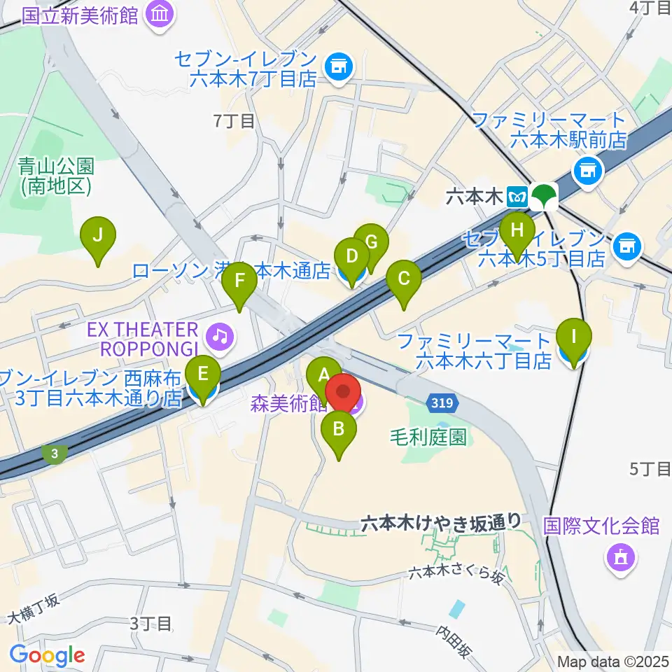 森美術館周辺のコンビニエンスストア一覧地図