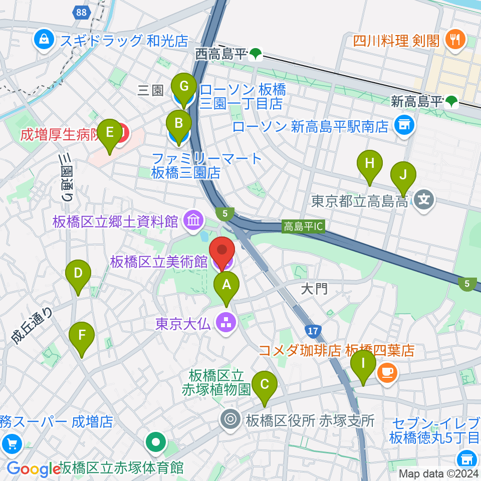 板橋区立美術館周辺のコンビニエンスストア一覧地図