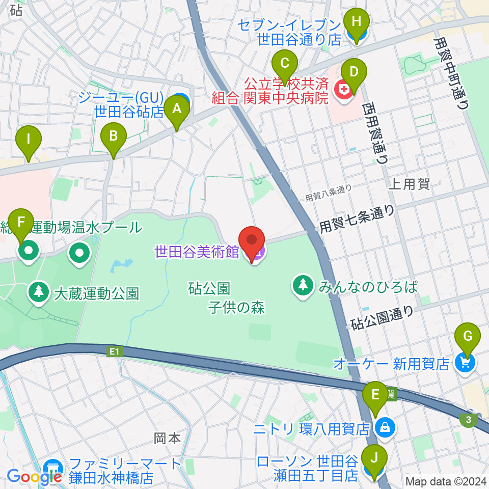 世田谷美術館周辺のコンビニエンスストア一覧地図