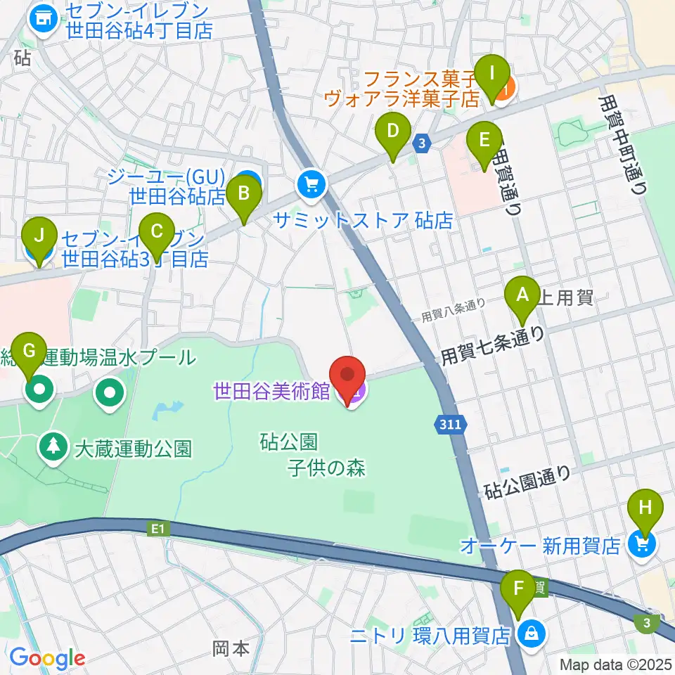 世田谷美術館周辺のコンビニエンスストア一覧地図