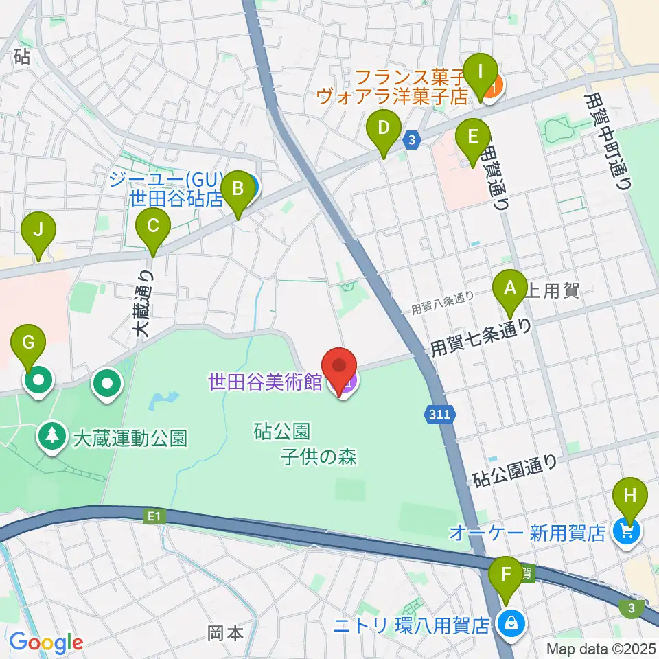 世田谷美術館周辺のコンビニエンスストア一覧地図