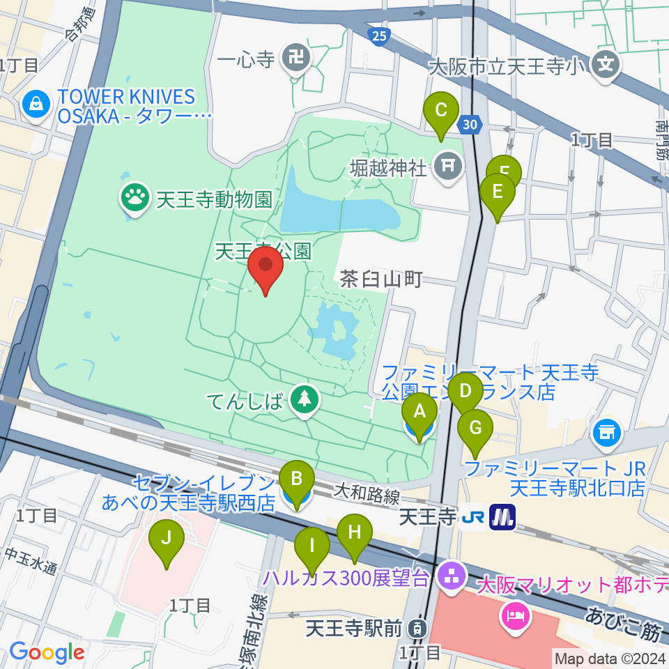 大阪市立美術館周辺のコンビニエンスストア一覧地図