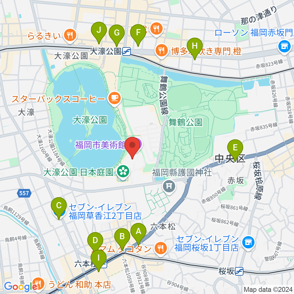 福岡市美術館周辺のコンビニエンスストア一覧地図