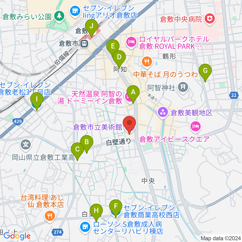 倉敷市立美術館周辺のコンビニエンスストア一覧地図