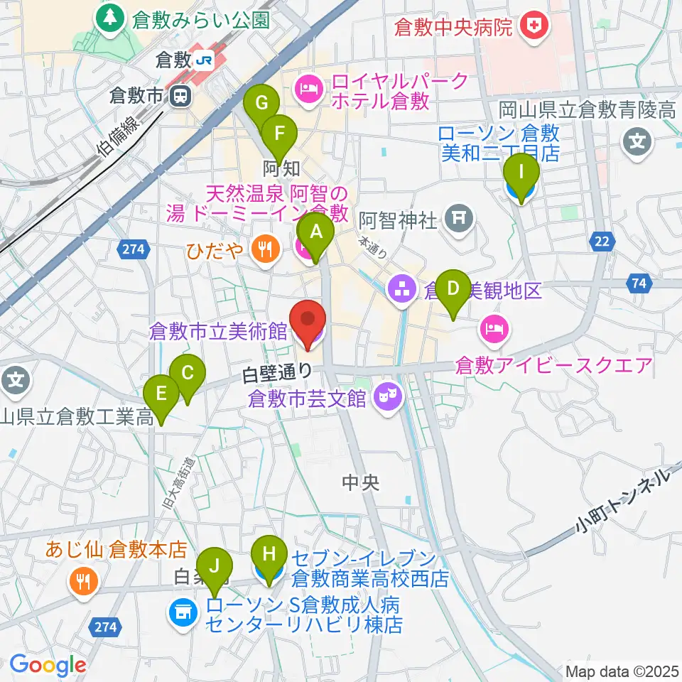 倉敷市立美術館周辺のコンビニエンスストア一覧地図