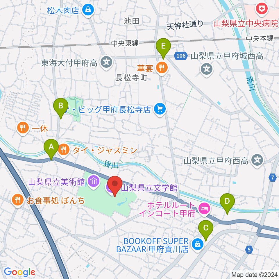 山梨県立文学館周辺のコンビニエンスストア一覧地図