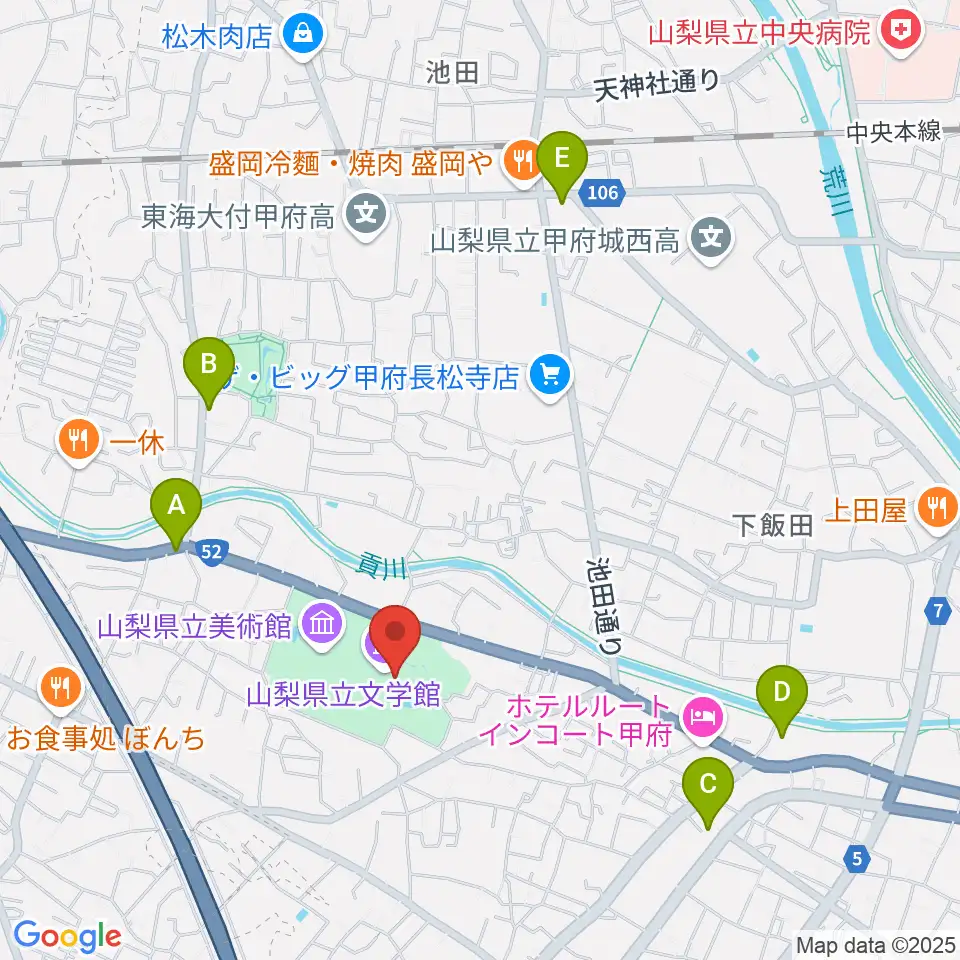 山梨県立文学館周辺のコンビニエンスストア一覧地図
