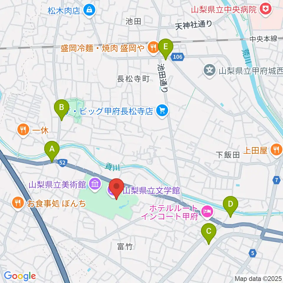 山梨県立文学館周辺のコンビニエンスストア一覧地図
