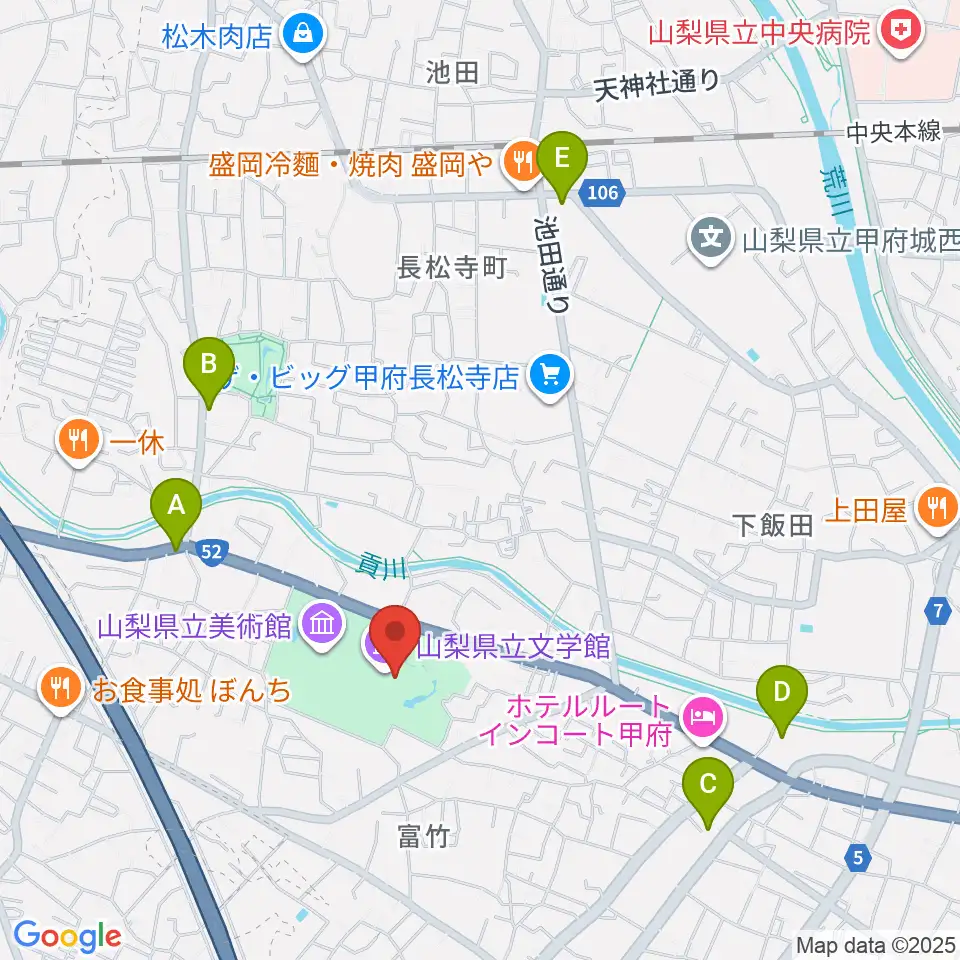 山梨県立文学館周辺のコンビニエンスストア一覧地図
