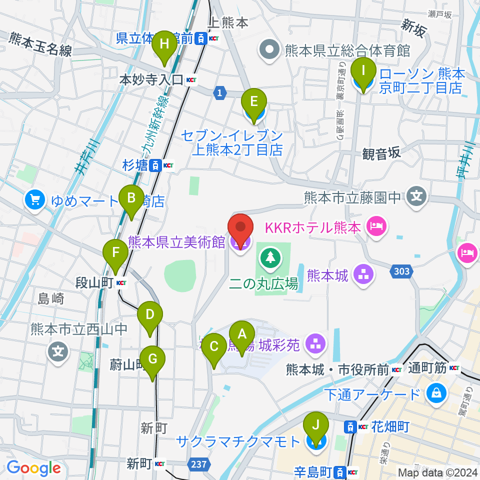 熊本県立美術館周辺のコンビニエンスストア一覧地図