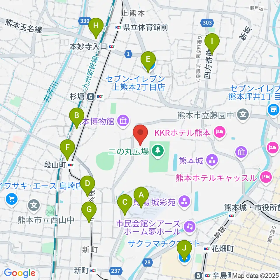 熊本県立美術館周辺のコンビニエンスストア一覧地図