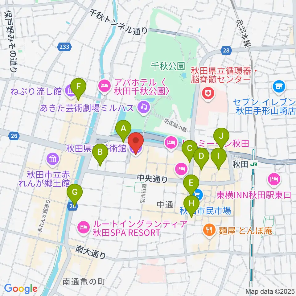 秋田県立美術館周辺のコンビニエンスストア一覧地図