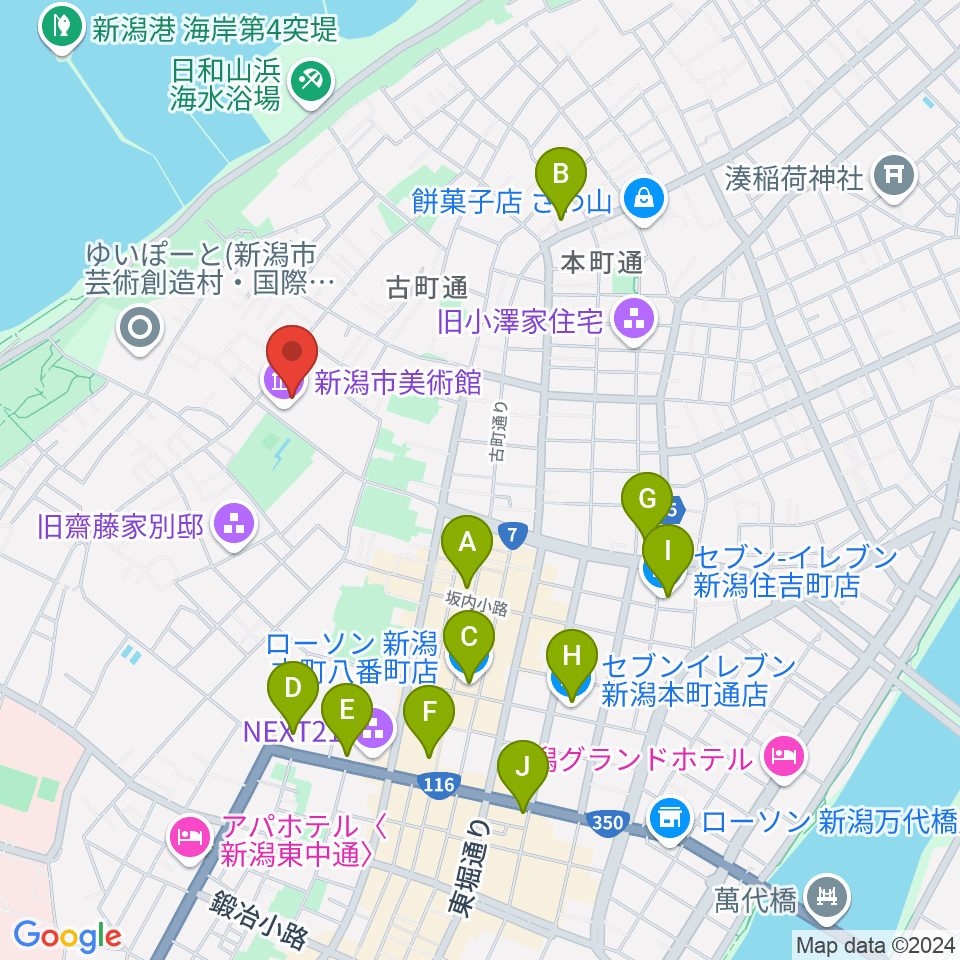 新潟市美術館周辺のコンビニエンスストア一覧地図