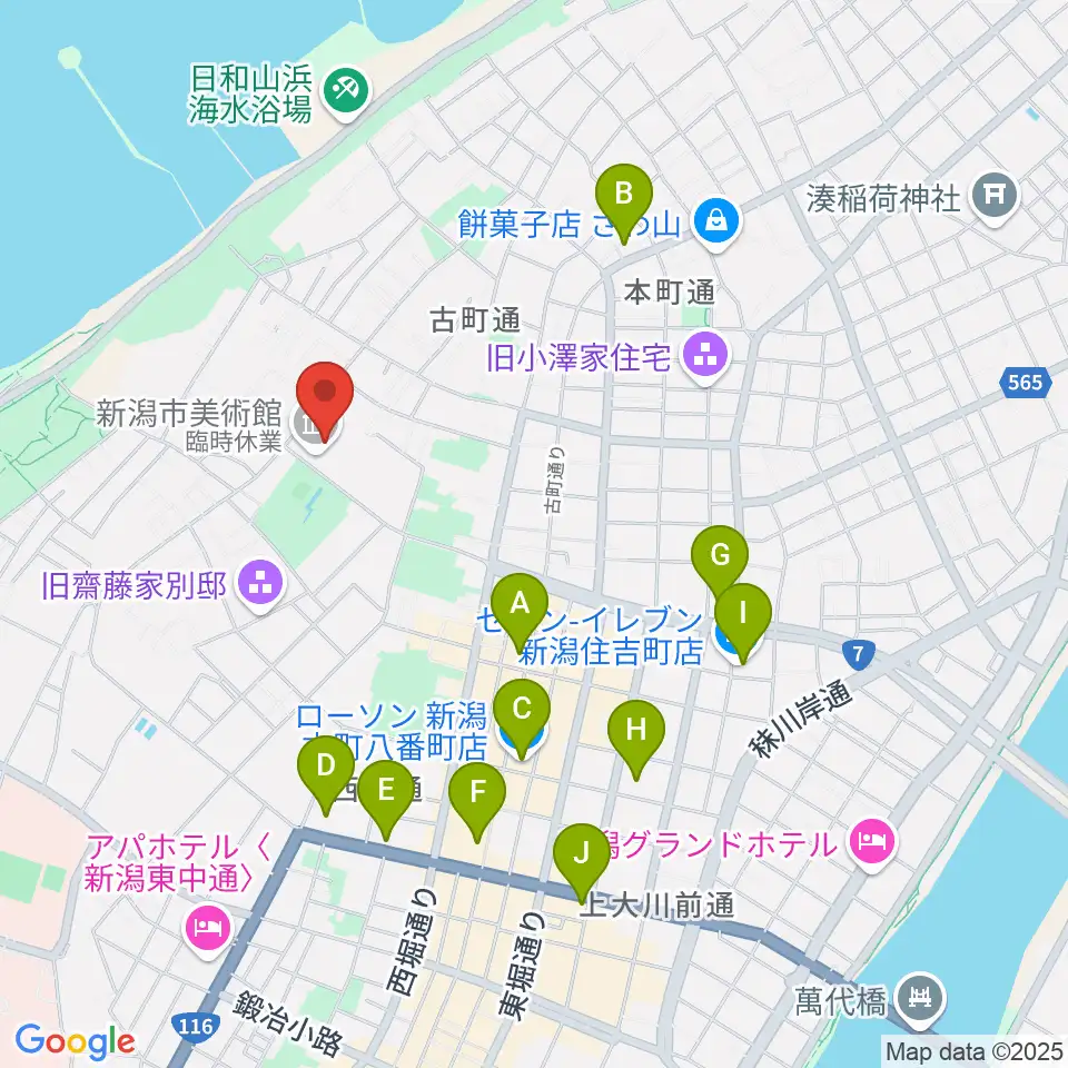 新潟市美術館周辺のコンビニエンスストア一覧地図