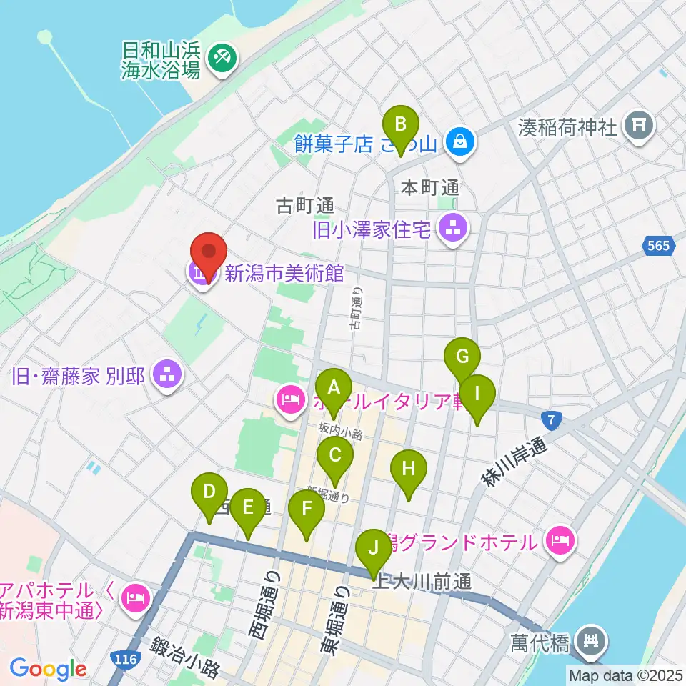 新潟市美術館周辺のコンビニエンスストア一覧地図