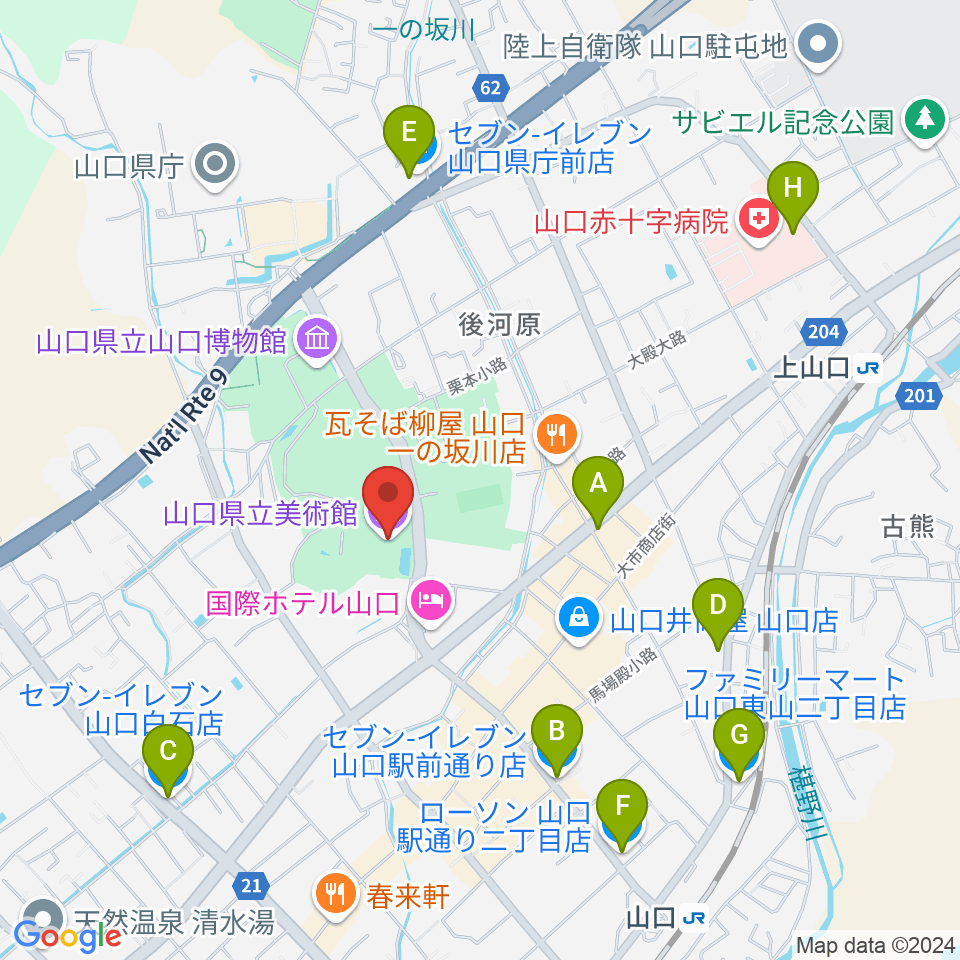 山口県立美術館周辺のコンビニエンスストア一覧地図