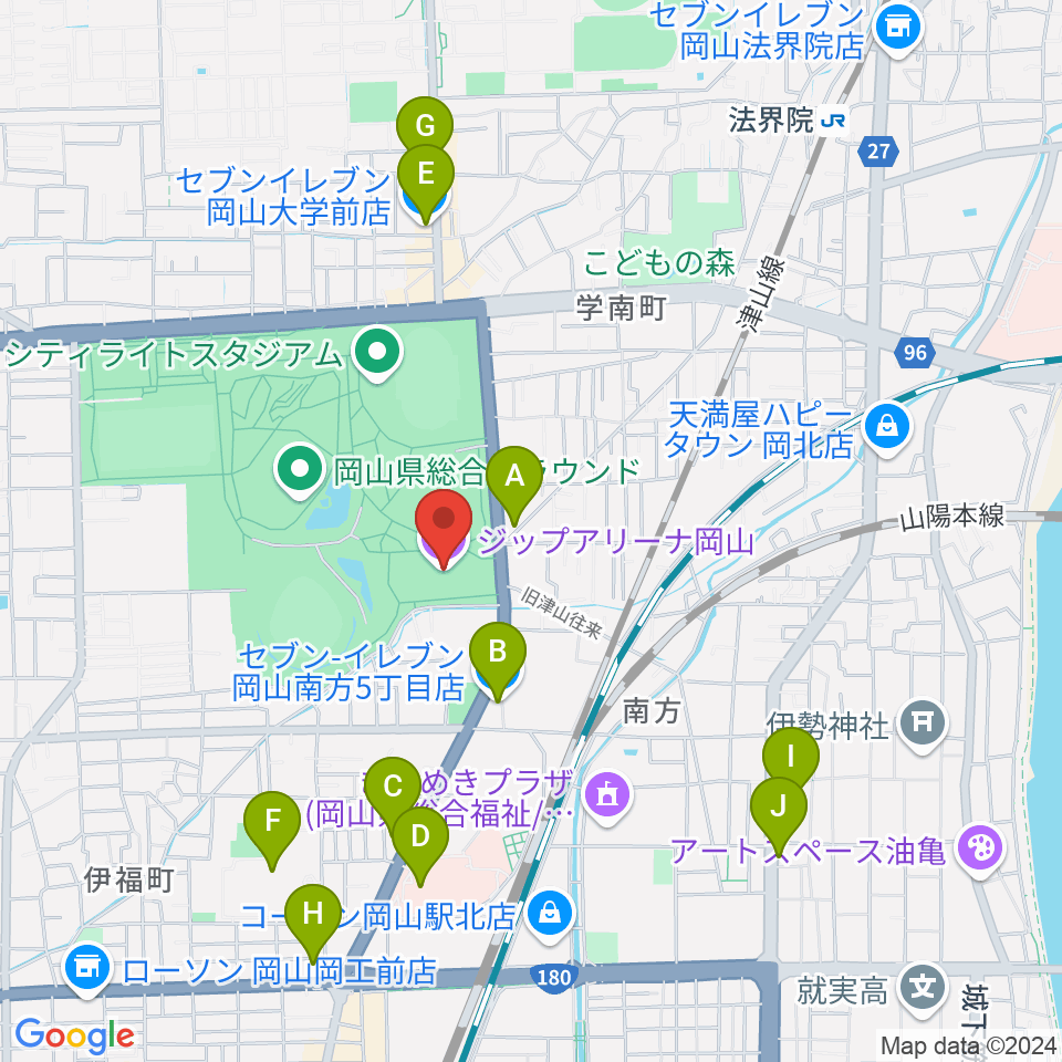 ジップアリーナ岡山周辺のコンビニエンスストア一覧地図