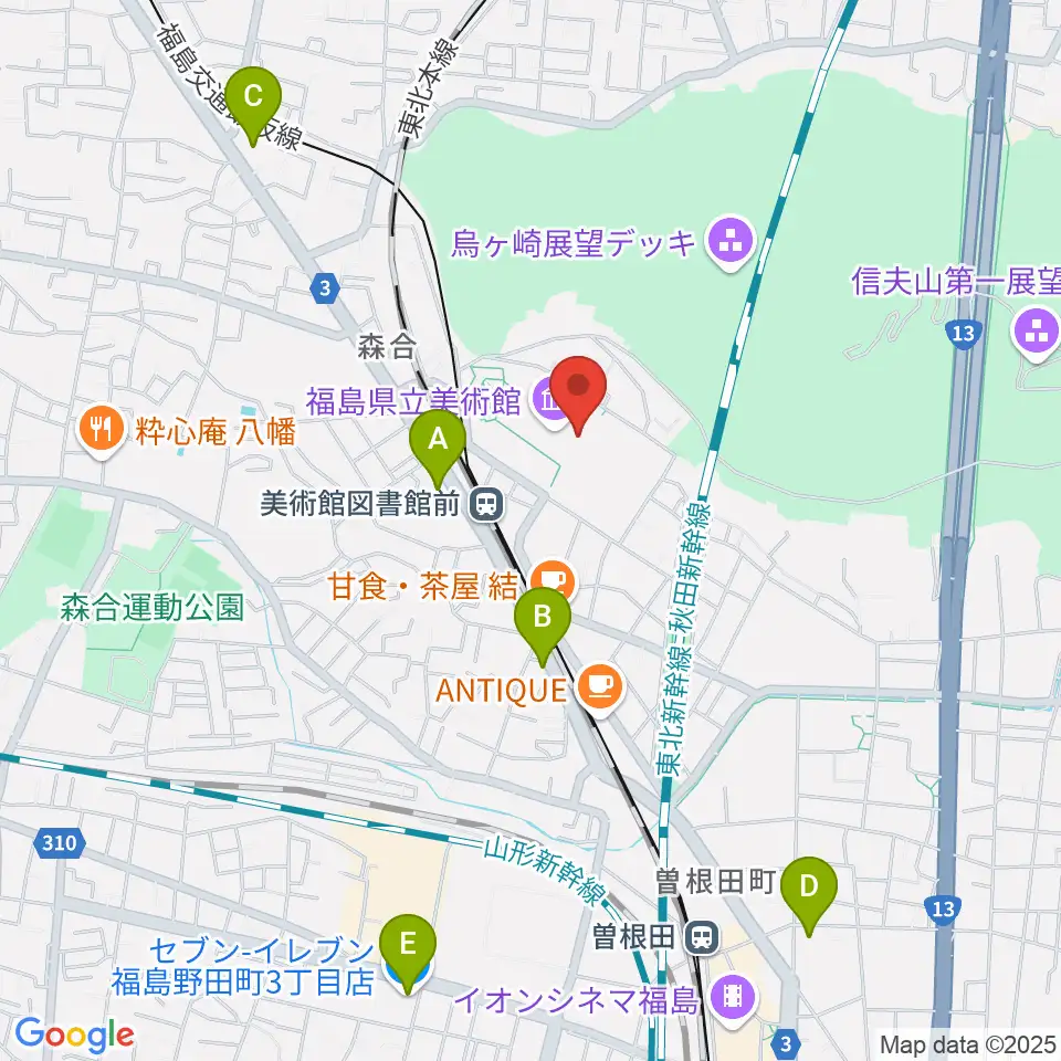 福島県立美術館周辺のコンビニエンスストア一覧地図