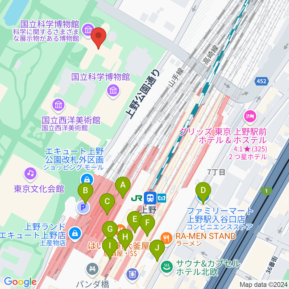 国立科学博物館周辺のコンビニエンスストア一覧地図