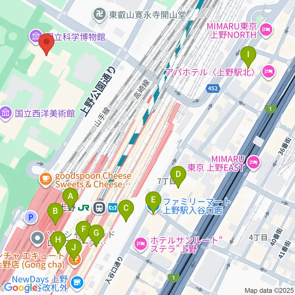 国立科学博物館周辺のコンビニエンスストア一覧地図