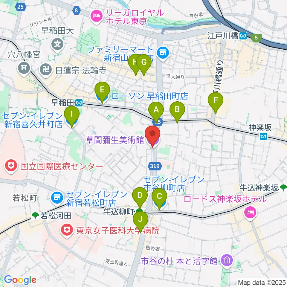 草間彌生美術館周辺のコンビニエンスストア一覧地図