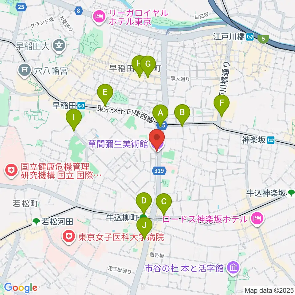 草間彌生美術館周辺のコンビニエンスストア一覧地図