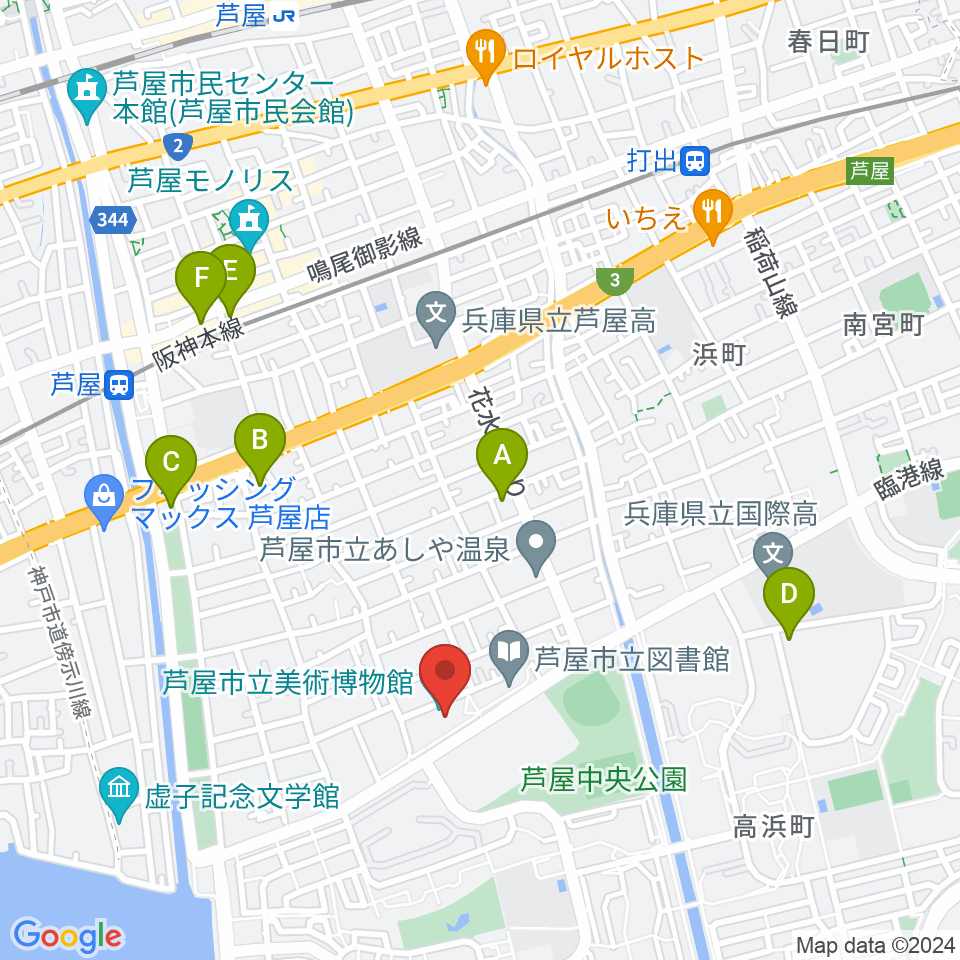 芦屋市立美術博物館周辺のコンビニエンスストア一覧地図