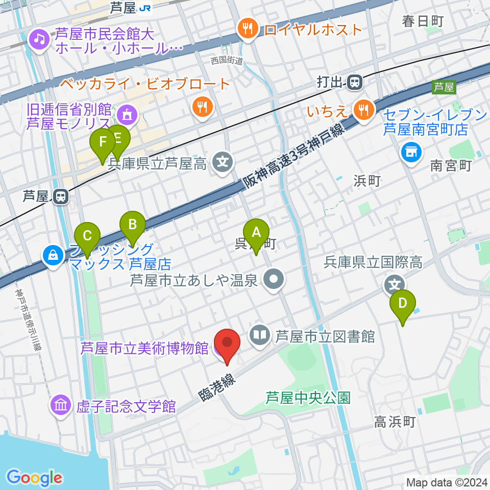 芦屋市立美術博物館周辺のコンビニエンスストア一覧地図