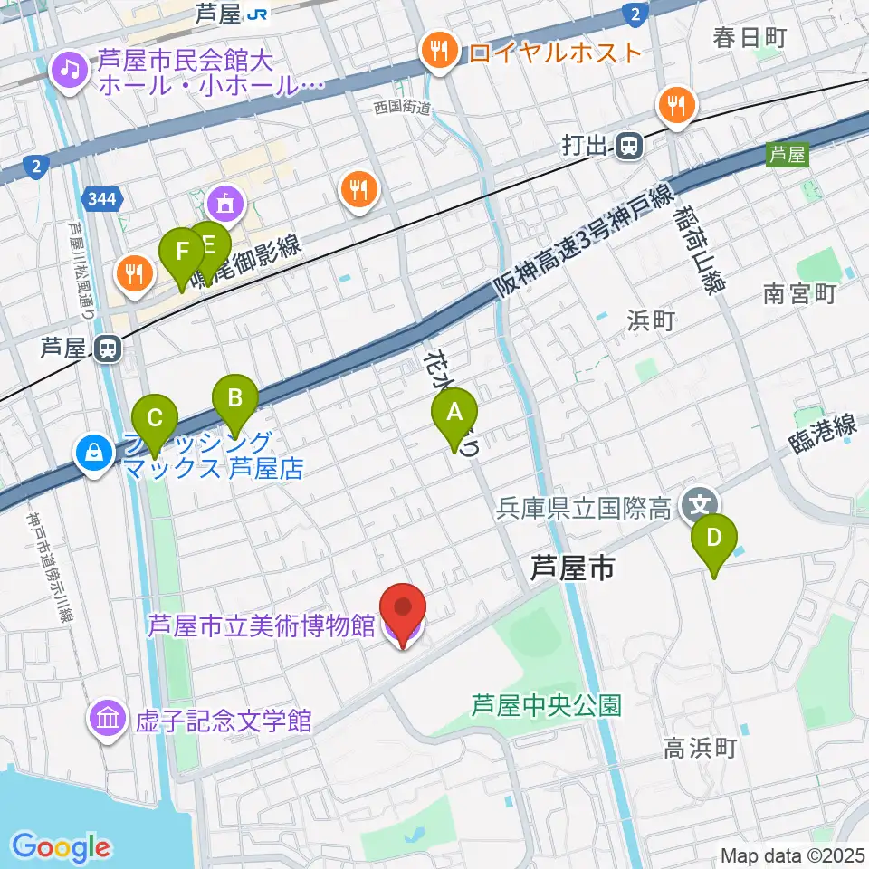 芦屋市立美術博物館周辺のコンビニエンスストア一覧地図