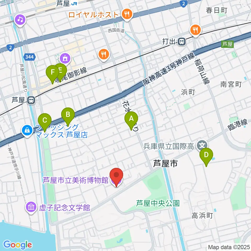 芦屋市立美術博物館周辺のコンビニエンスストア一覧地図